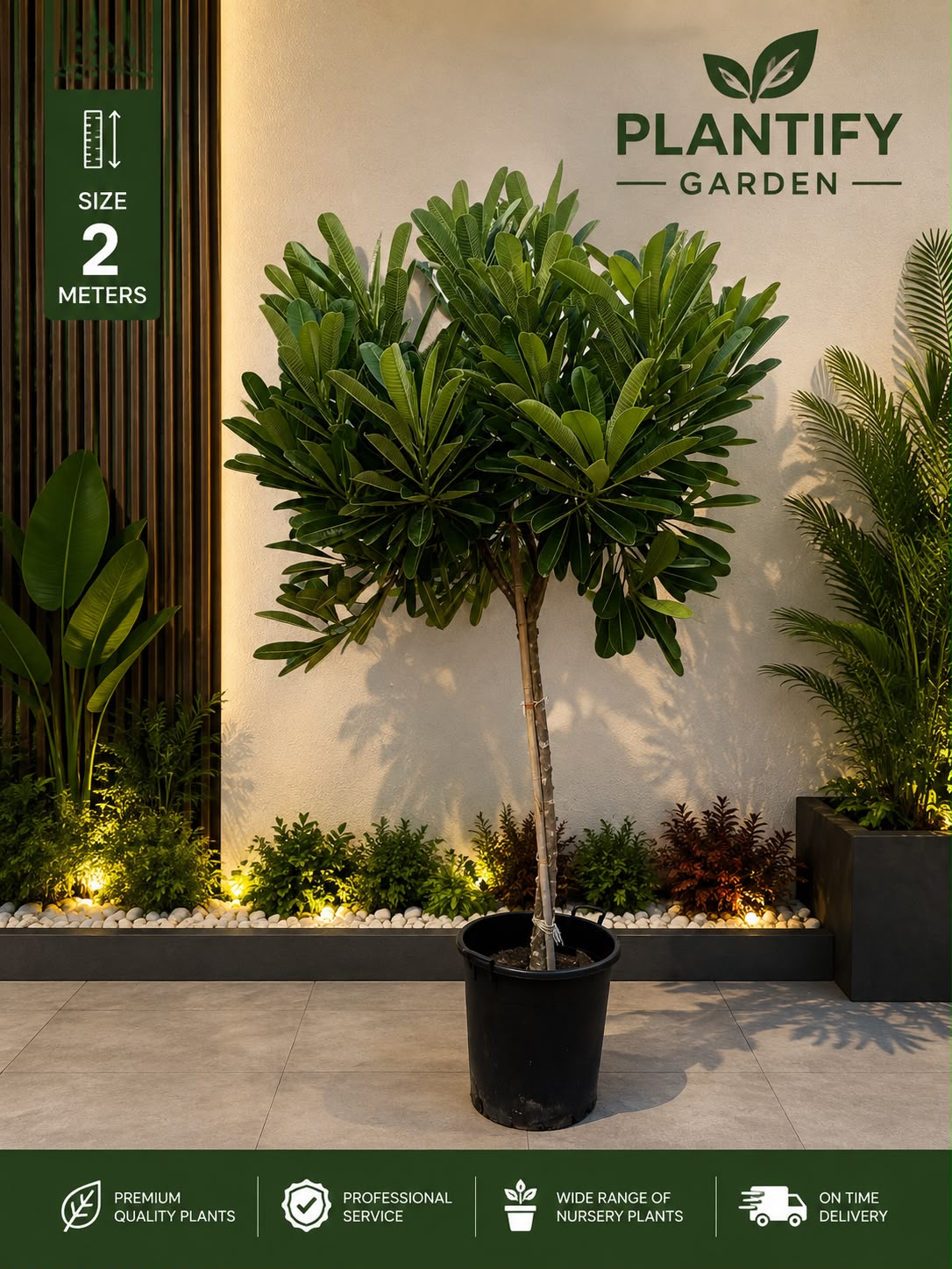 A large artificial potted tree with dense green foliage and a brown trunk, shown in a black nursery pot against a beige wall with decorative plants and warm lighting. The image includes the Plantify Garden logo and feature icons.