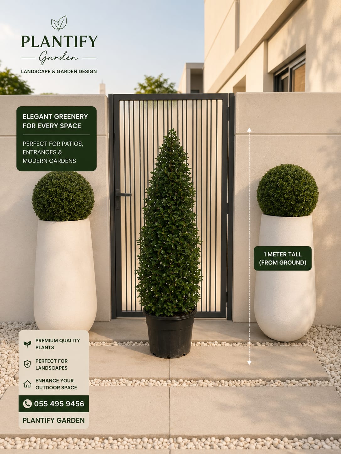 Three manicured green garden plants displayed in a modern outdoor setting: one tall conical tree in a black pot, two round topiary-style shrubs in tall white planters. The scene includes architectural walls, a gate, and overlaid marketing text and branding for Plantify Garden, with a dimension callout stating 1 meter tall from ground.