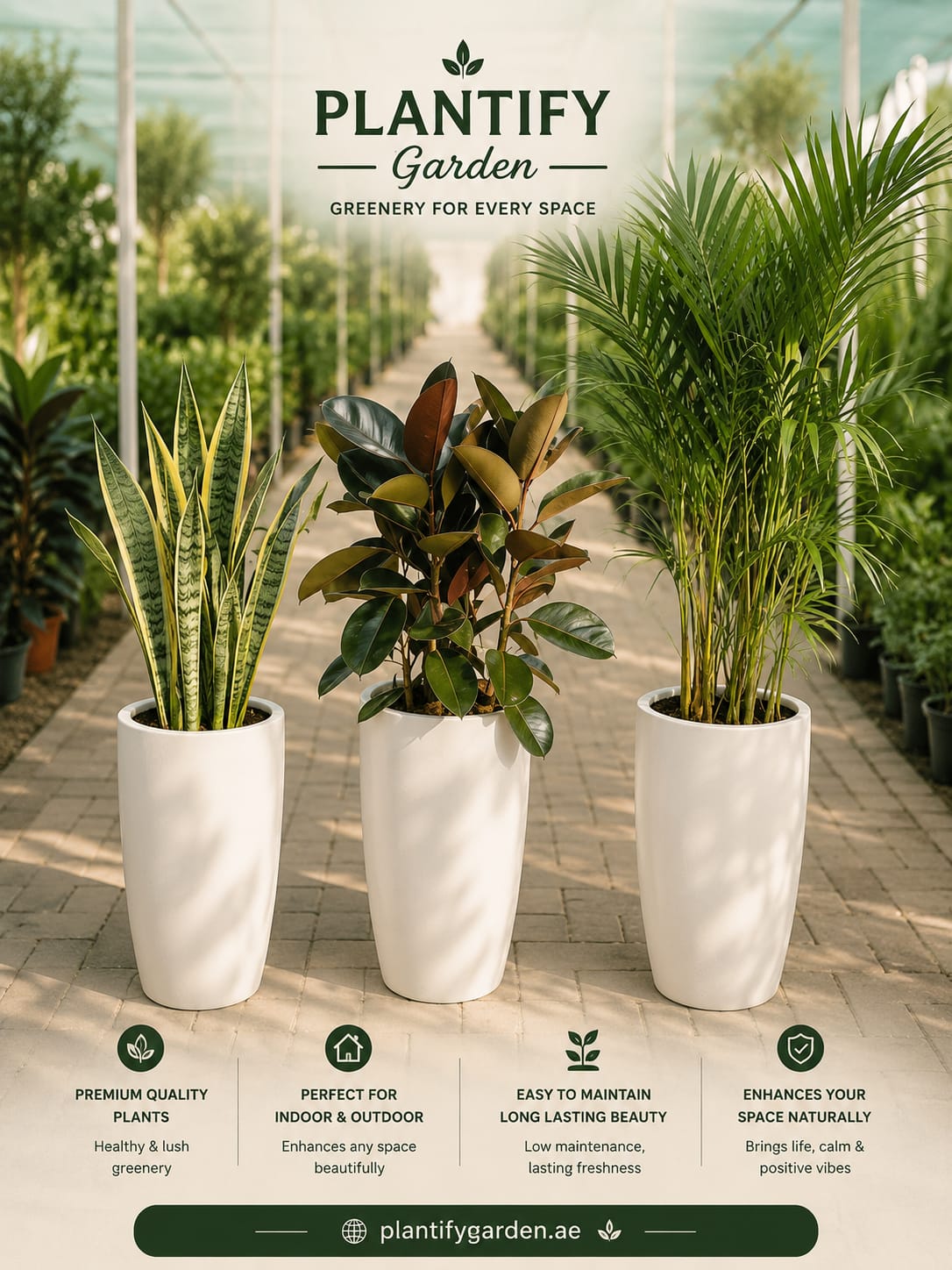Three large white cylindrical planters holding green houseplants arranged in a greenhouse aisle, with the Plantify Garden logo at the top and feature text along the bottom.