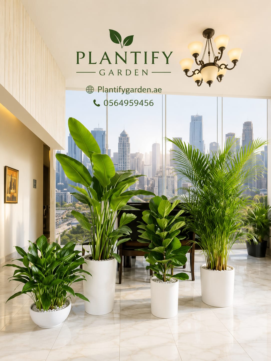 A collection of green potted houseplants arranged in a bright, modern interior space with a city skyline view outside. The plants are housed in white cylindrical pots.