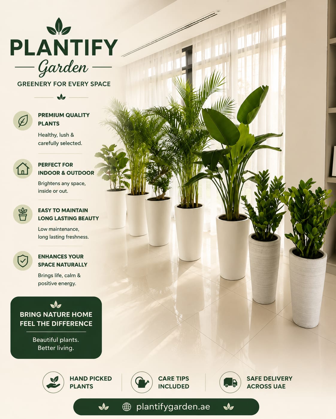 Promotional banner for Plantify Garden featuring several tall potted green plants in white cylindrical pots inside a bright, modern room with large windows and a tiled floor. Text on the left highlights benefits such as premium quality plants, indoor/outdoor suitability, easy maintenance, and natural space enhancement.