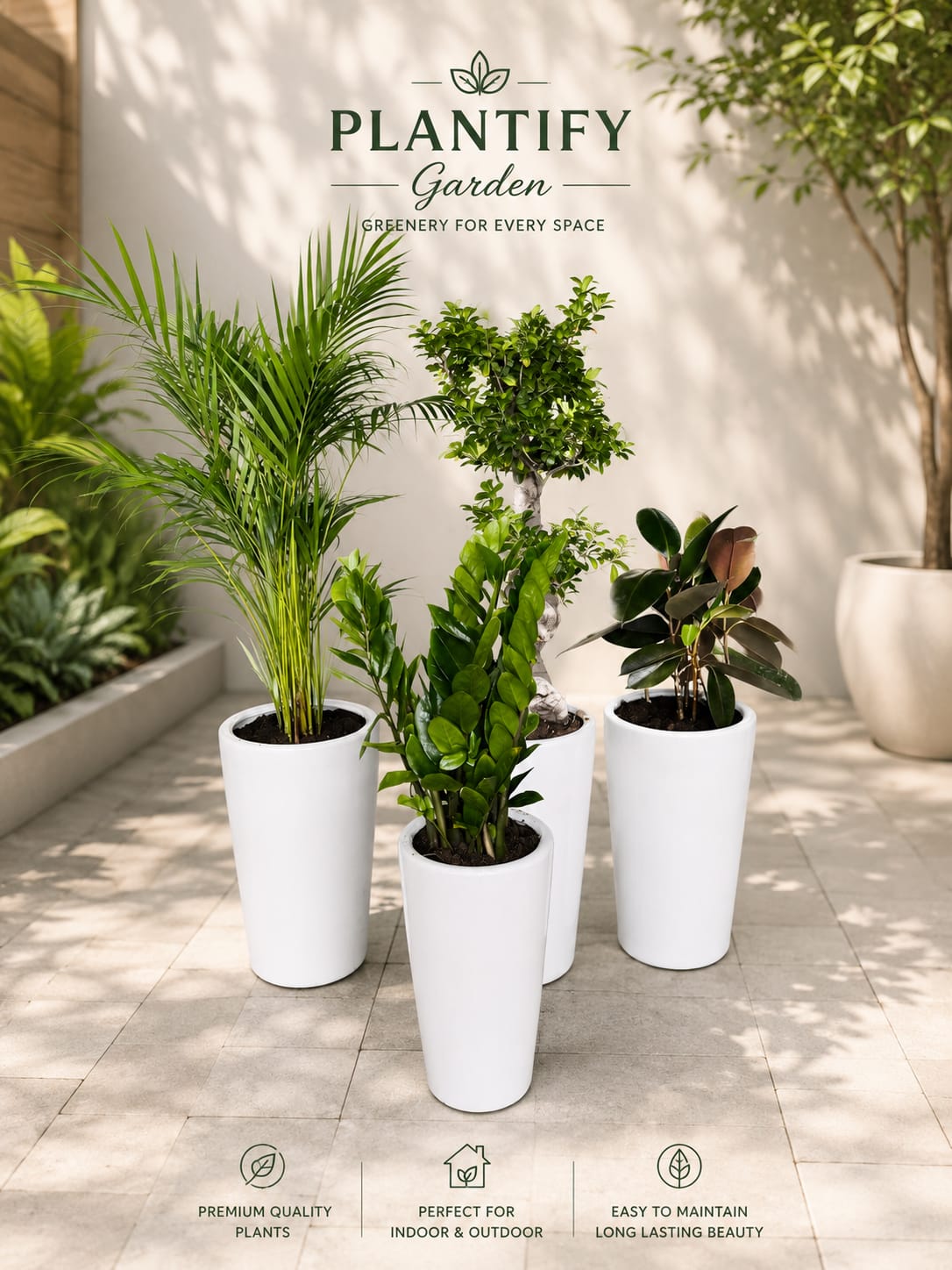 Four white cylindrical planters holding green potted plants arranged on a light stone patio, with the text 'PLANTIFY Garden' at the top and feature icons and text at the bottom.