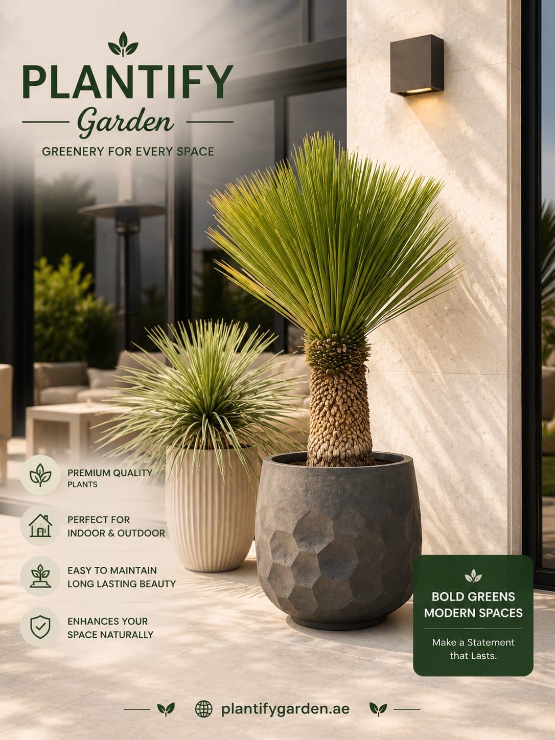 Promotional graphic for Plantify Garden featuring two potted indoor plants: a tall yucca-like plant in a dark gray geometric pot and a smaller spiky green plant in a cream ribbed pot, set against a modern patio interior background with text callouts and branding.