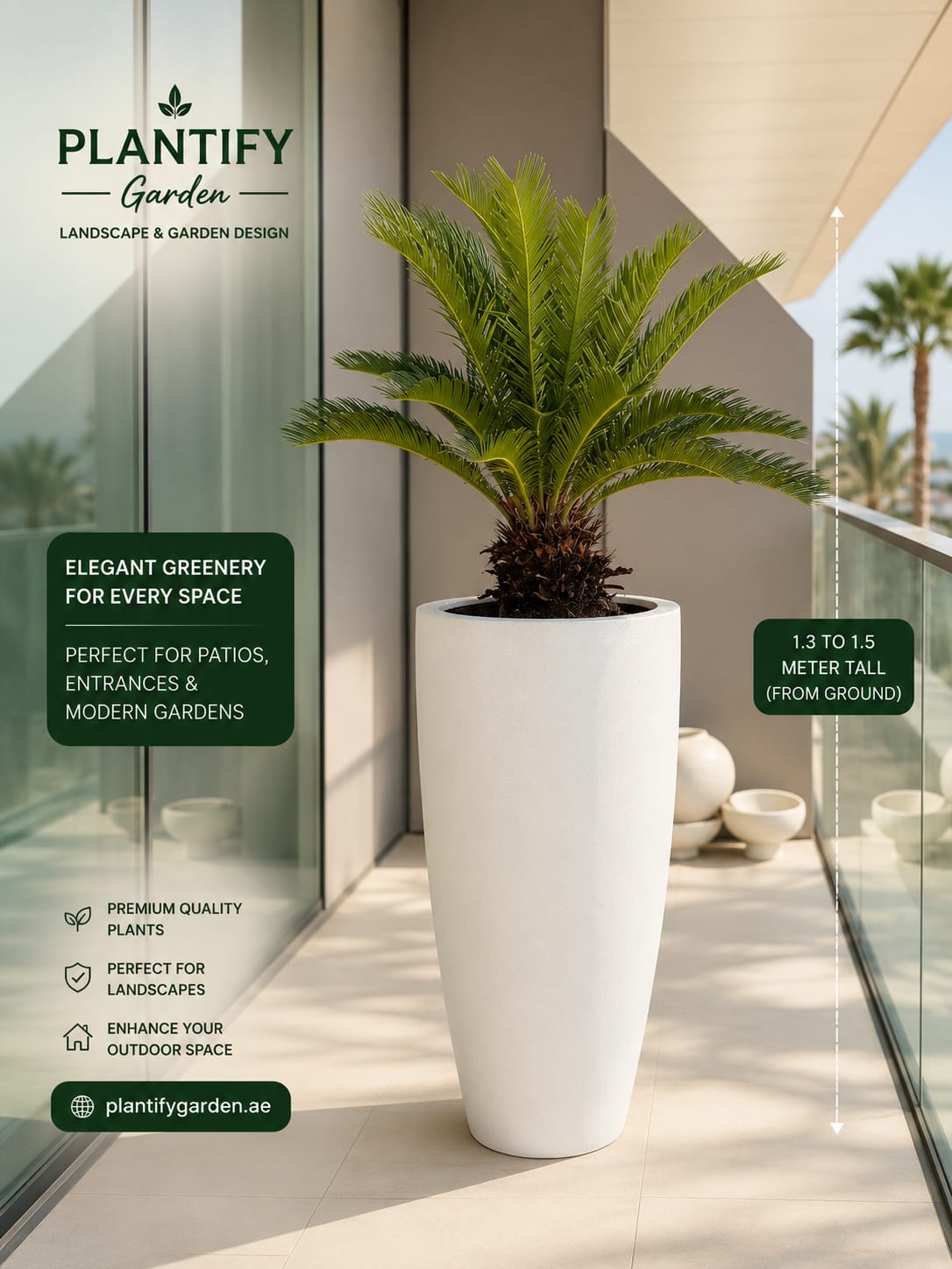 Plantify Garden palm-leaf succulent in a tall white conical planter, displayed on a modern balcony with informational text overlays detailing its size and suitability.