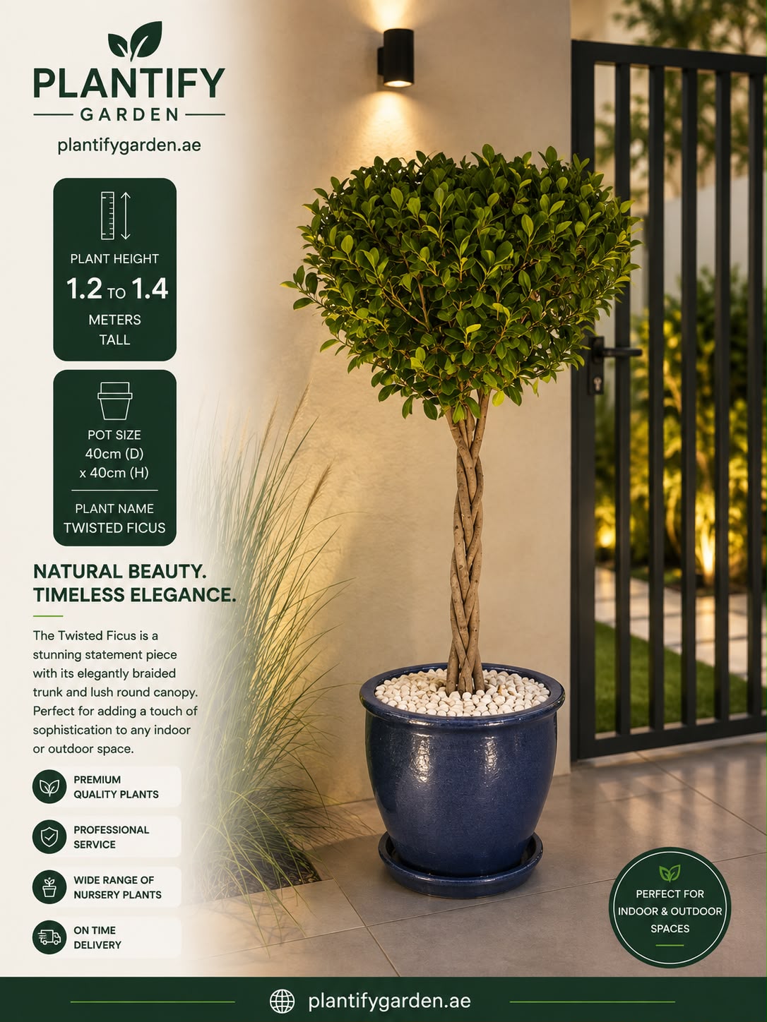 Twisted Focus artificial potted tree with a round green top and twisted trunk in a dark blue pot, shown in a garden-themed promotional graphic with product details and branding.