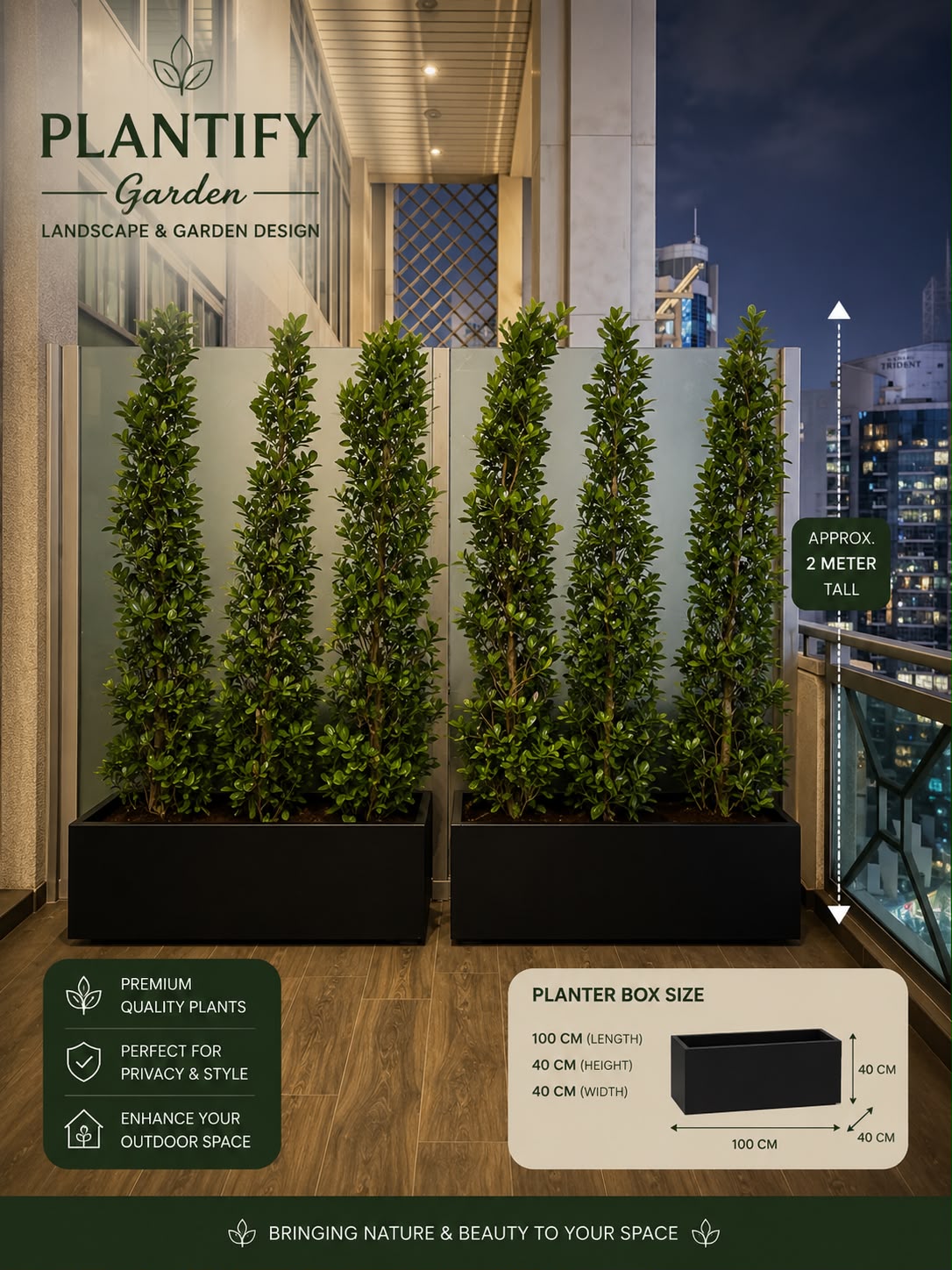 A promotional graphic for Plantify Garden showing two tall, narrow artificial trees in black rectangular planters on a balcony at night. The image includes text overlays detailing the plants' approximate 2-meter height, the planter box size of 100 cm by 40 cm, and product benefits.
